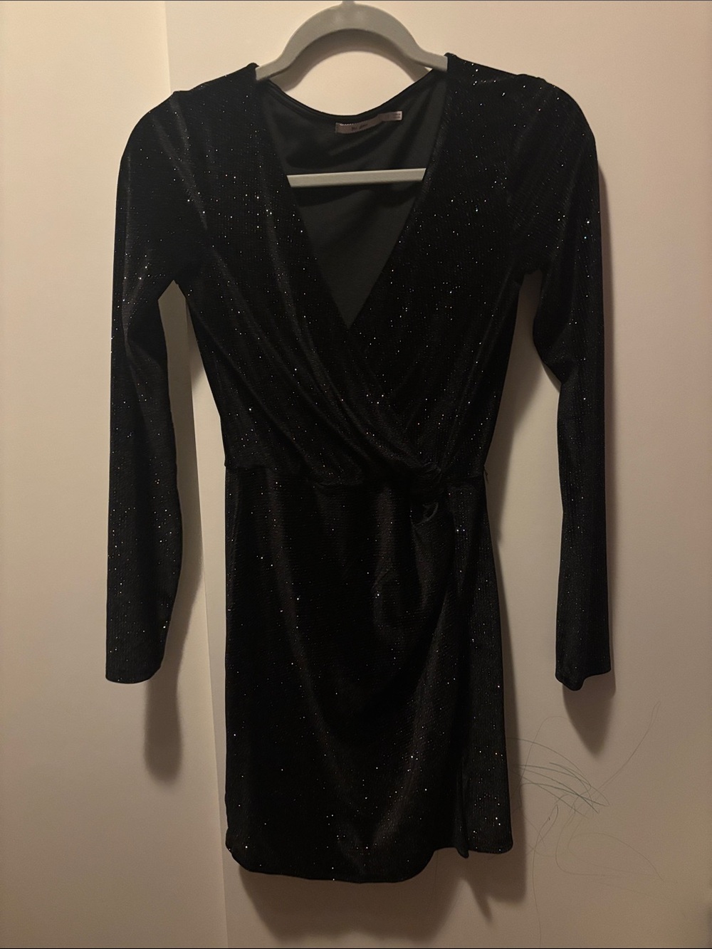 miami Black Sparkle Wrap-Front Long Sleeve Dress